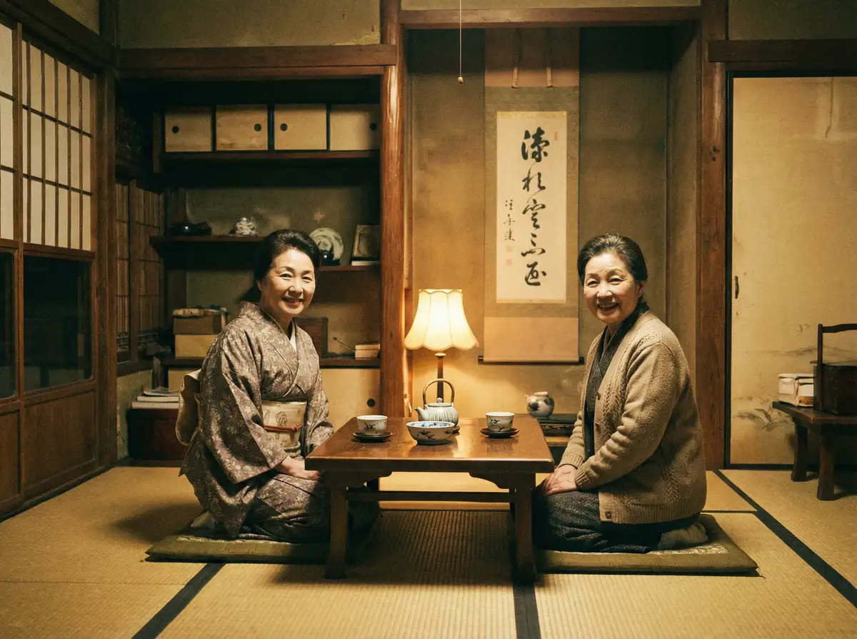 两位优雅的 幻影体育官网 在日式茶室中品茶交谈